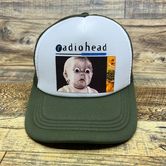 Radiohead Mens Trucker Hat Olive Snapback Pablo Honey 90s Rock Grunge Album Cap - Picture 2 of 8